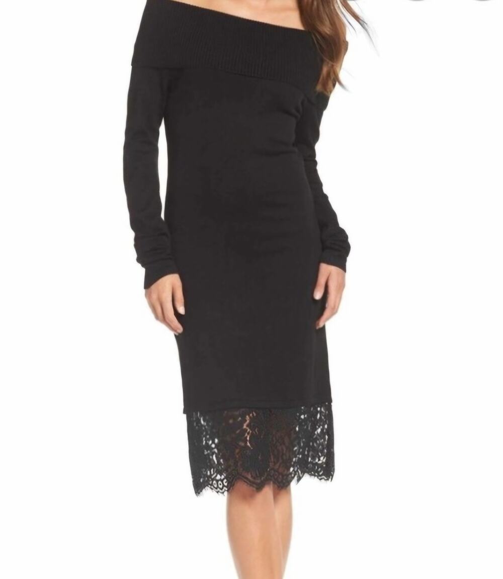 Chelsea28 Black Ribbed Cowl Portrait Neck Lace Trim Knit Dress XS